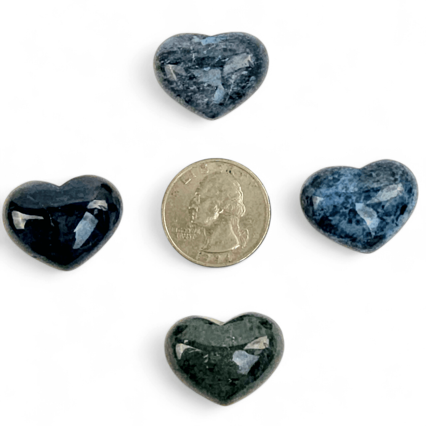 Sodalite Small Crystal Heart four shown top front view with quarter for size reference on white background