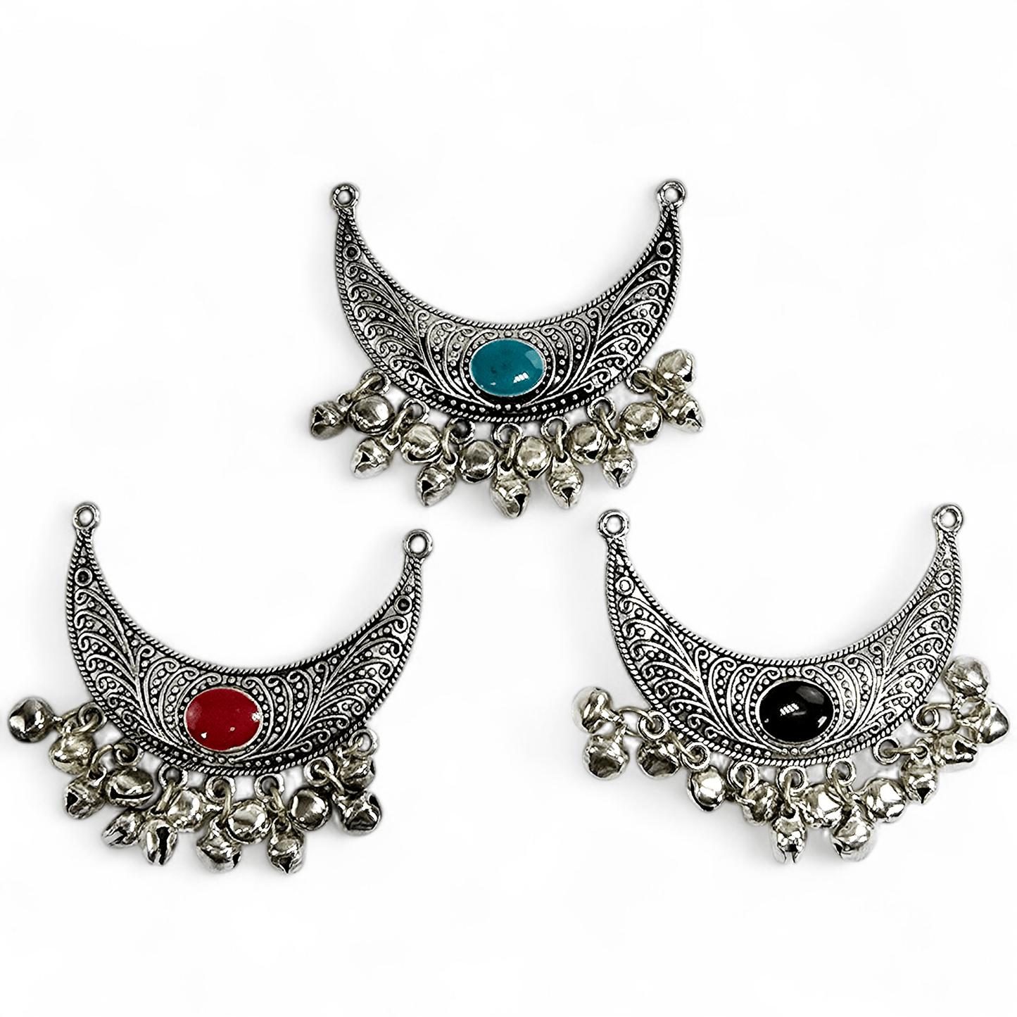 Crescent Silver Toned Double Bail Pendant with Enamel Accent and Jingle Bells - You Choose Color all variants on white background