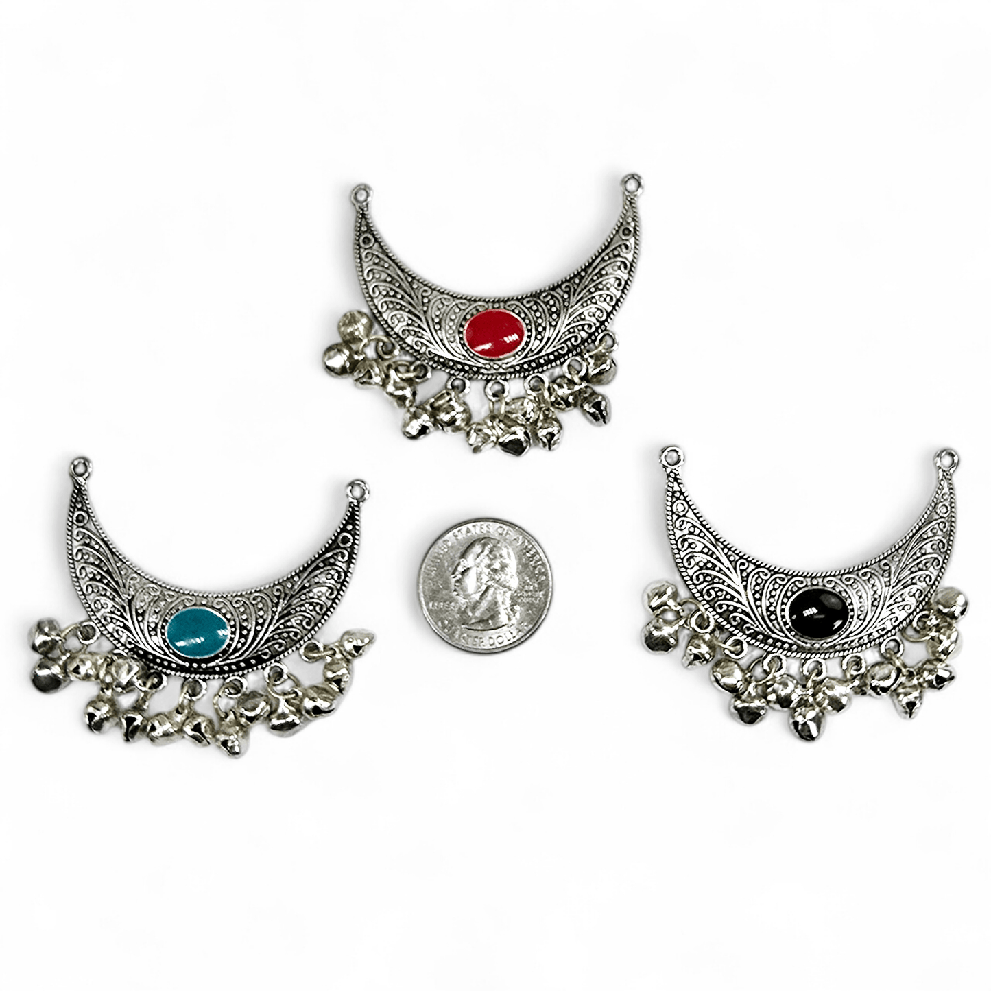 Crescent Silver Toned Double Bail Pendant with Enamel Accent and Jingle Bells - You Choose Color all variants with quarter for size reference
