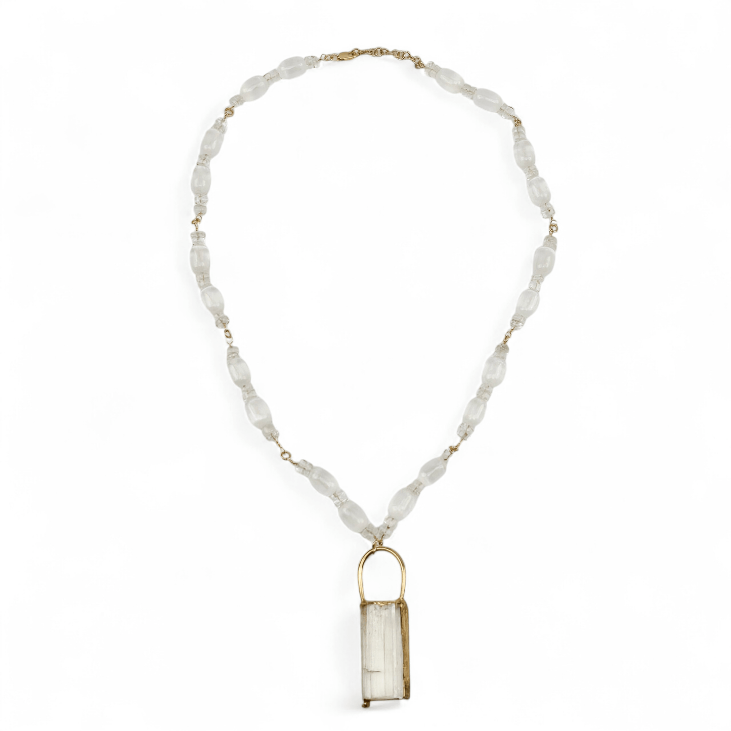 Selenite and Crystal Quartz Gold Filled Crystal Necklace - Handmade - One-of-a-Kind on white background