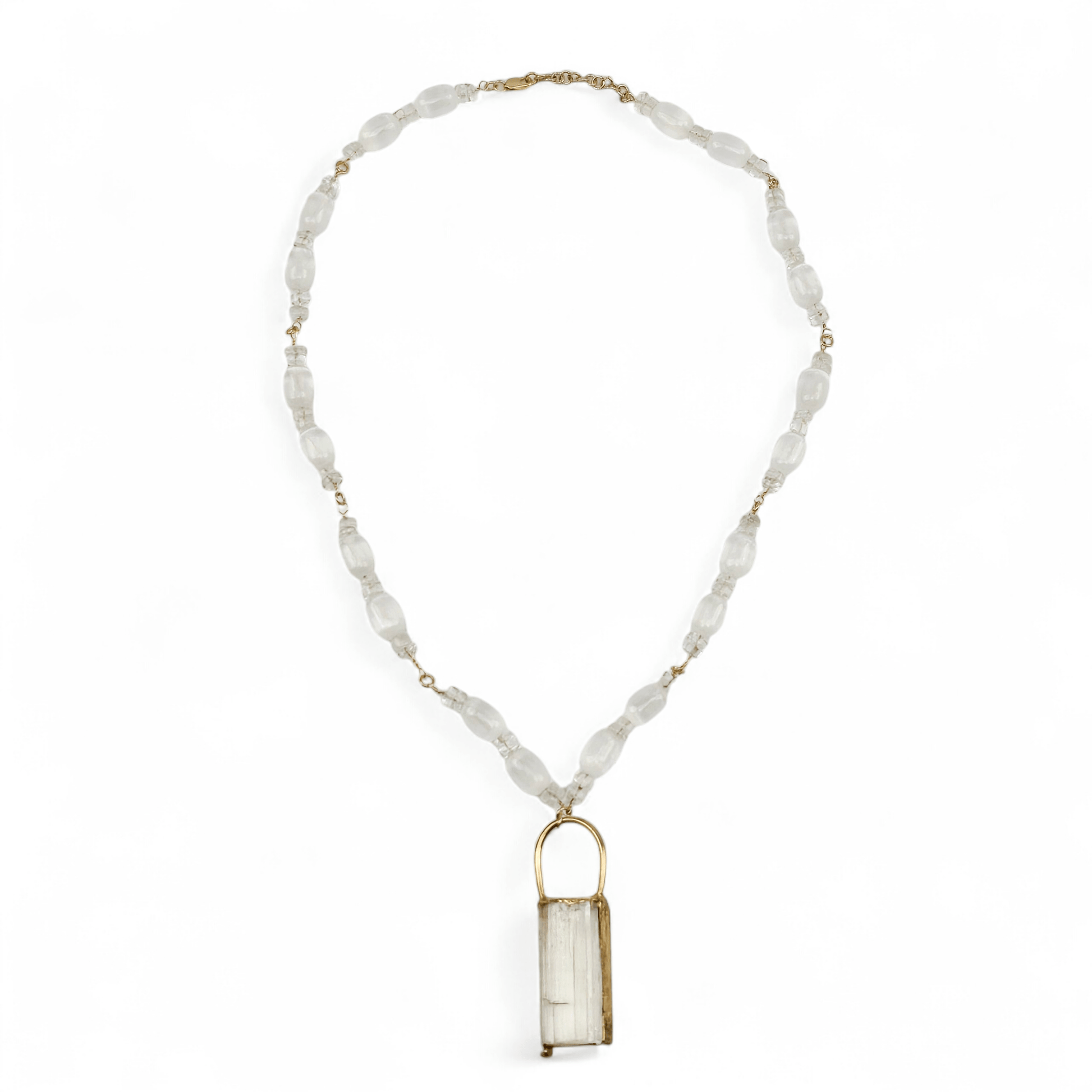 Selenite and Crystal Quartz Gold Filled Crystal Necklace - Handmade - One-of-a-Kind on white background