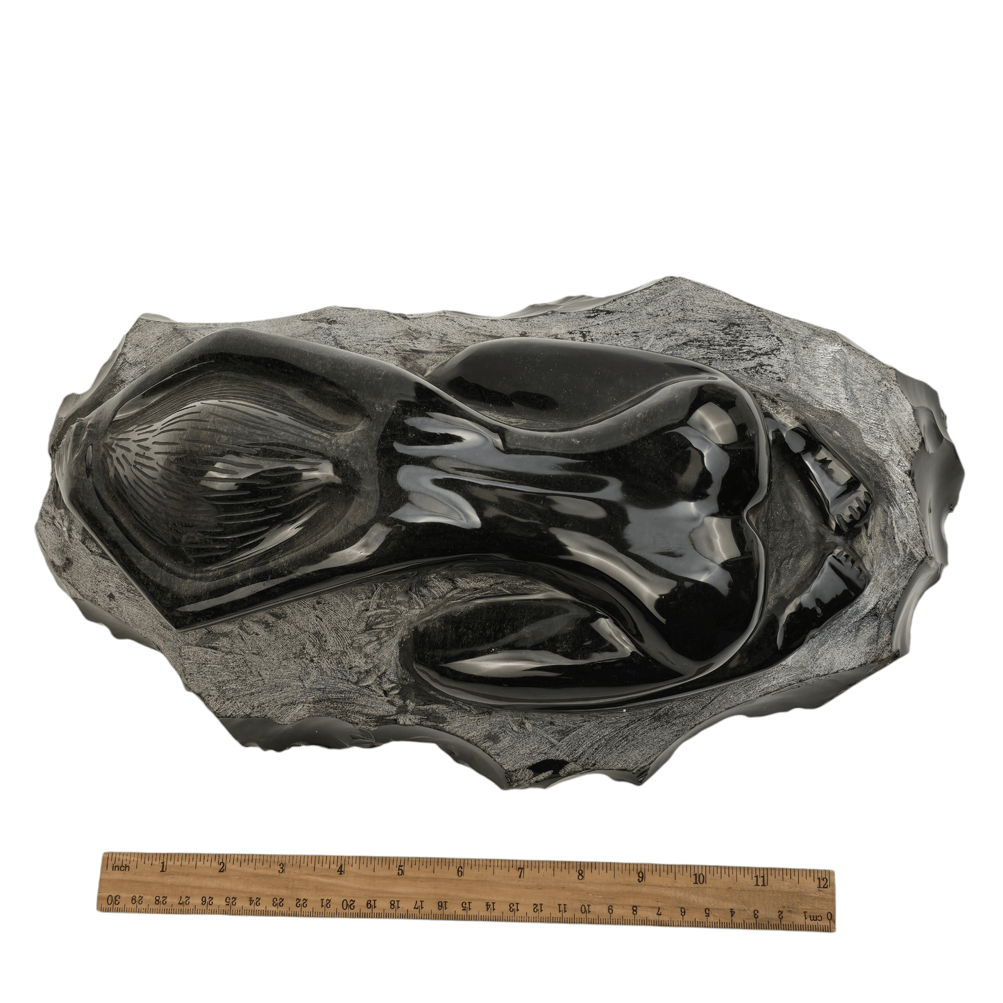 Silver Sheen Obsidian Yoga Goddess Crystal Sculpture - Child's Pose - One-of-a-Kind top view with ruler for size reference
