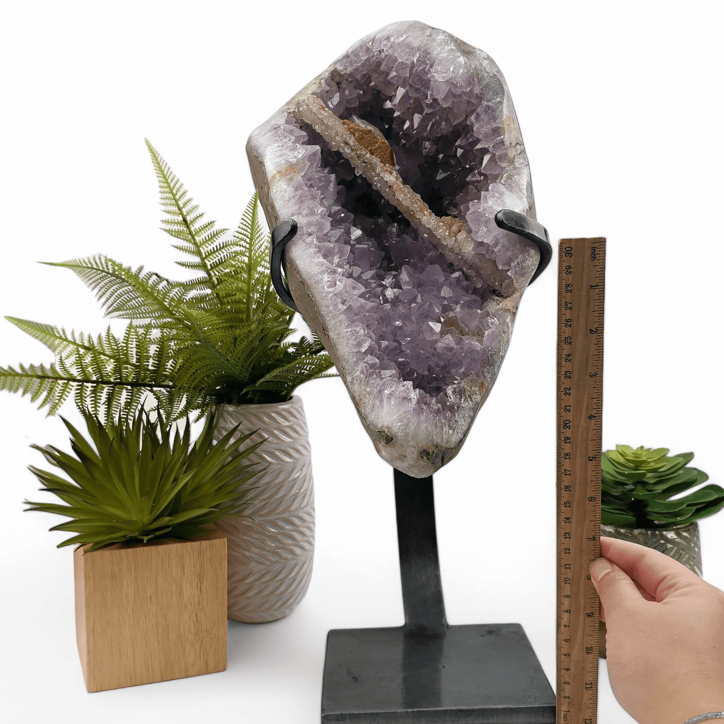 Amethyst Large Crystal Cluster with Druzy Stalactite and Double Terminated Calcite on Metal Stand with ruler and hand for size reference