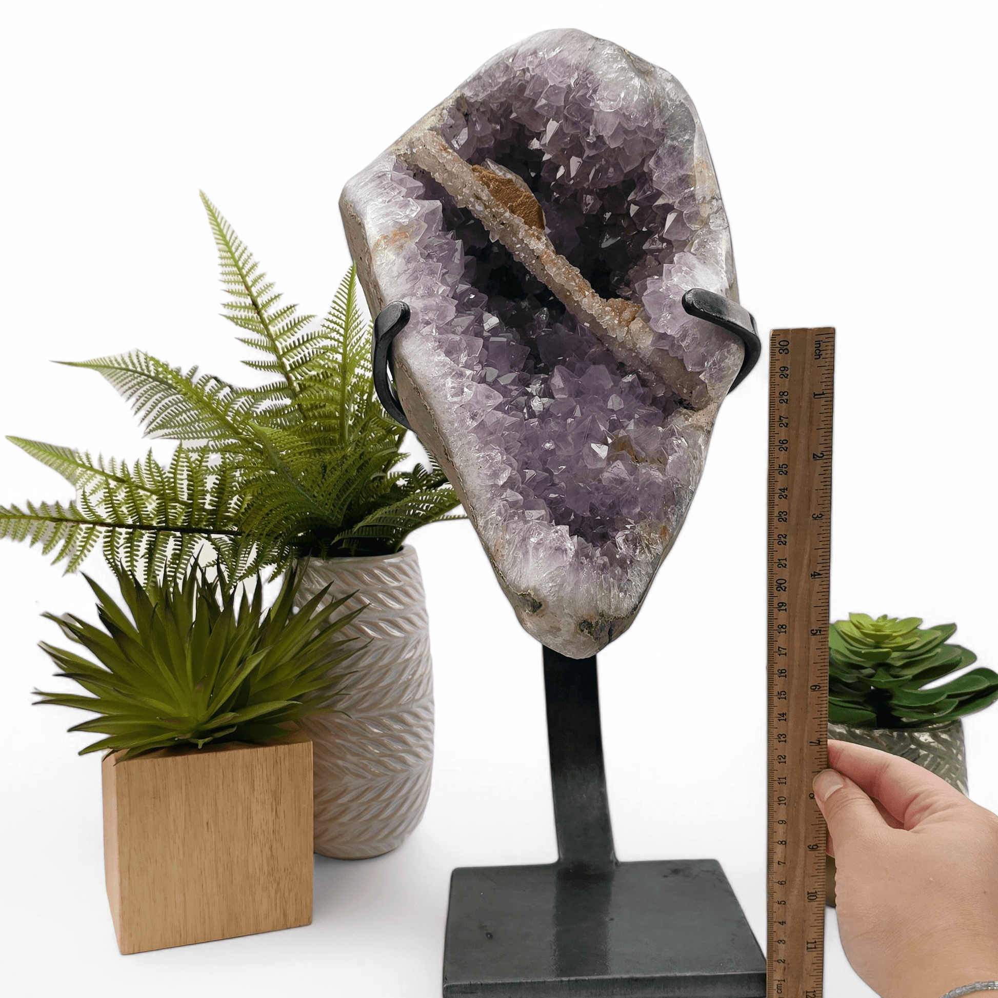 Amethyst Large Crystal Cluster with Druzy Stalactite and Double Terminated Calcite on Metal Stand with ruler and hand for size reference