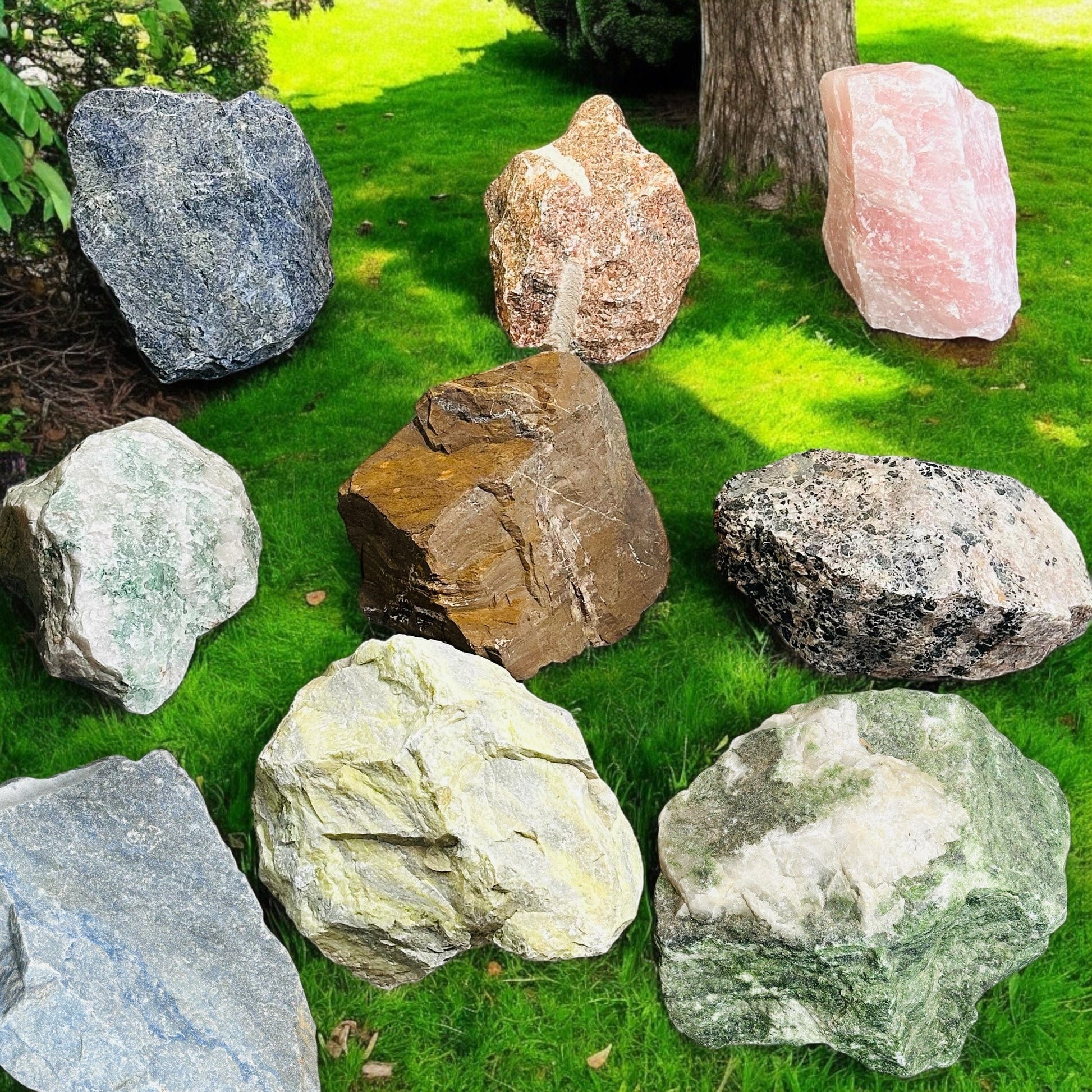 multiple large rough stone crystals displayed to show the differences in the sizes 