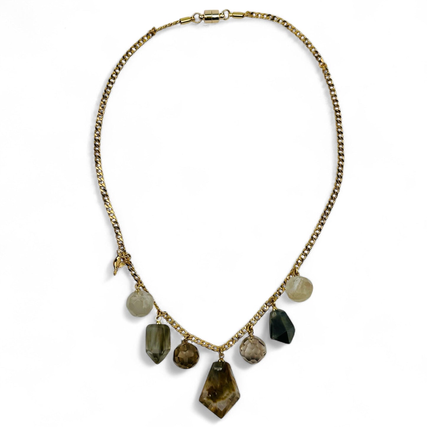 necklace comes with lodolite crystal charms and a gold hummingbird 