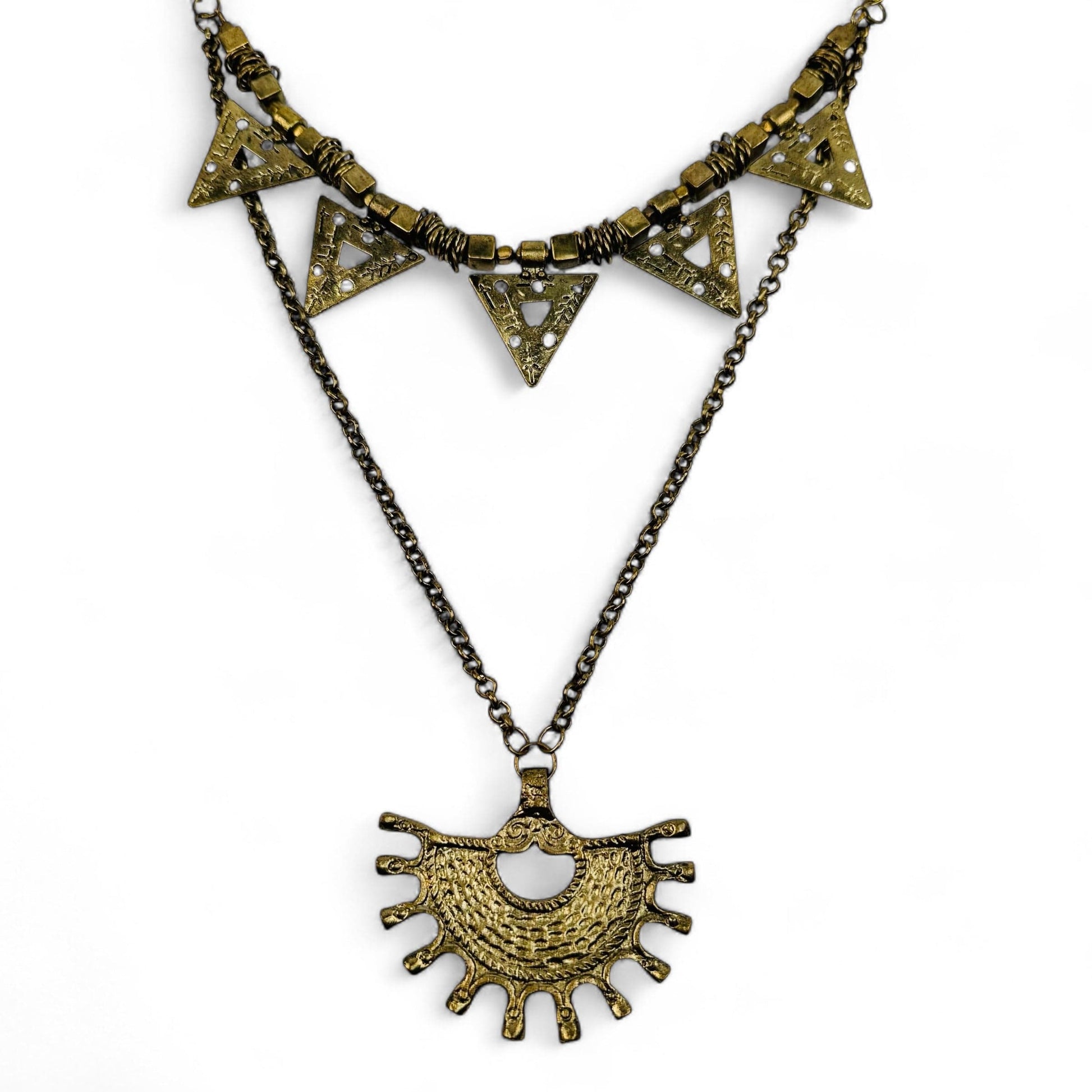 close up of the details on this brass necklace 