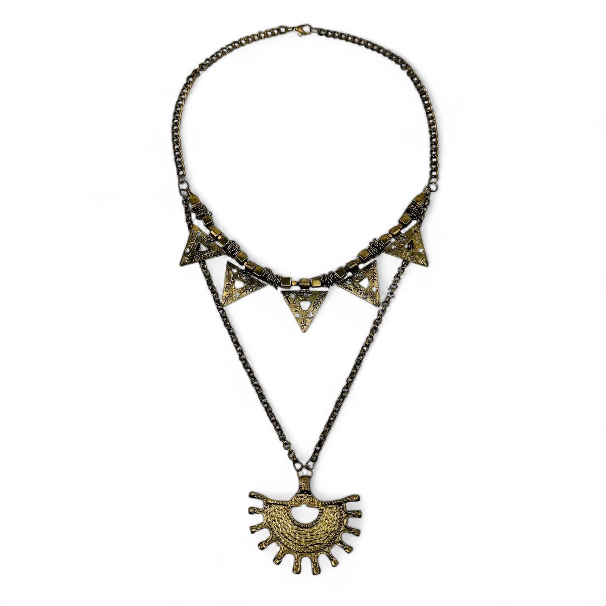 necklace is made of brass and has a layered design making it a statement necklace 