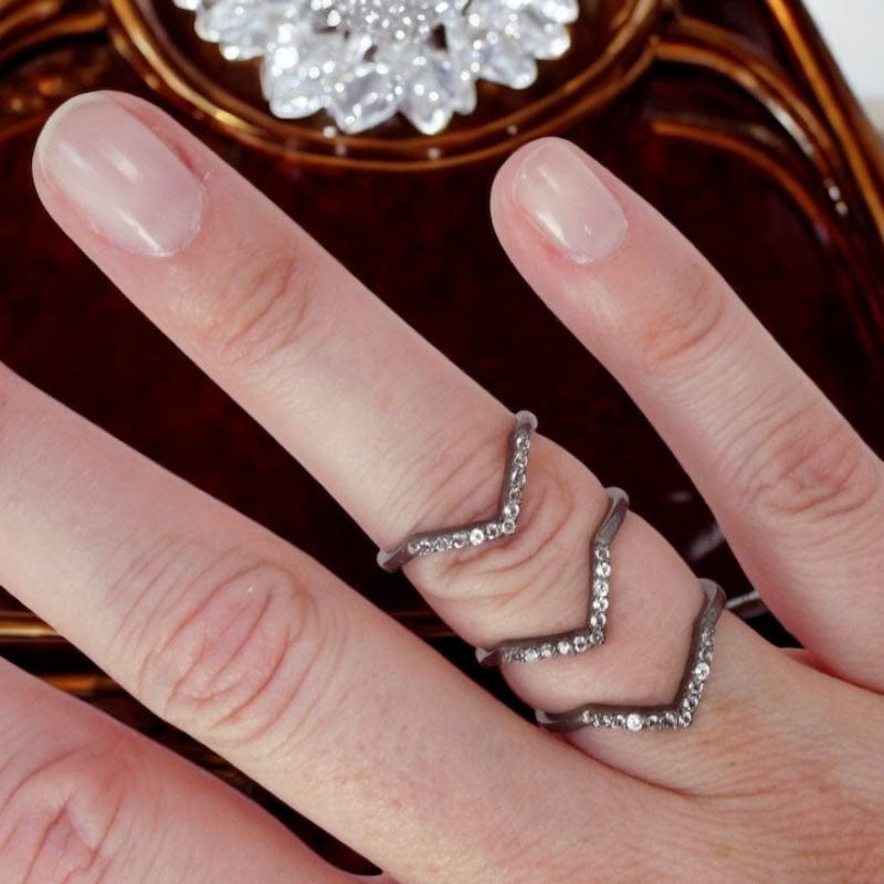 Oxidized Sterling Silver Chevron Midi Ring with White Topaz Gemstones