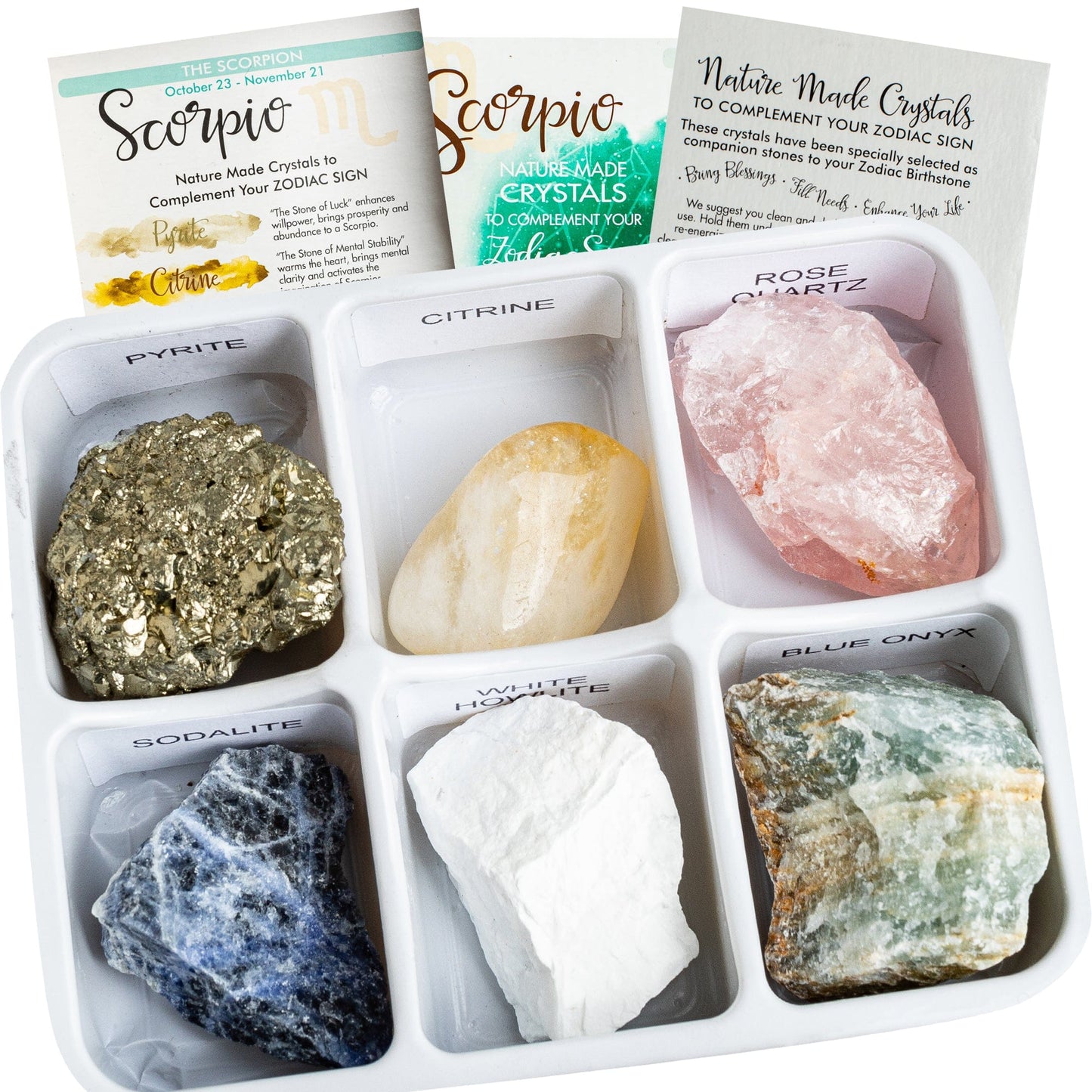 Photo of six crystals contained in the scorpio horoscope box.