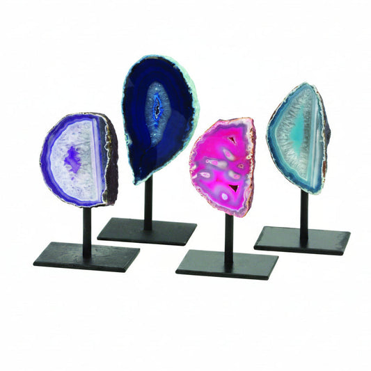 Four agate geode on metal base displaying color options, patterns and different shapes.