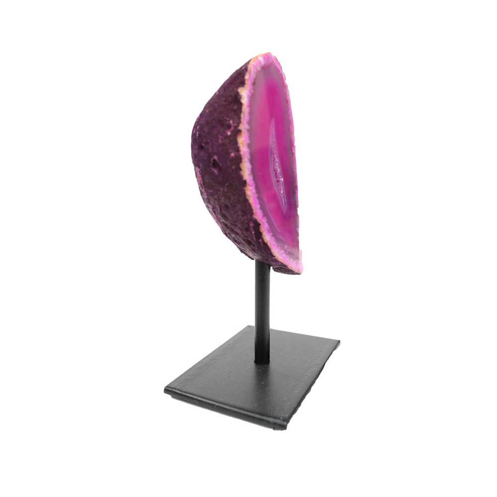 An angled agate geode on a metal base to show width. Product is shown with a white background.