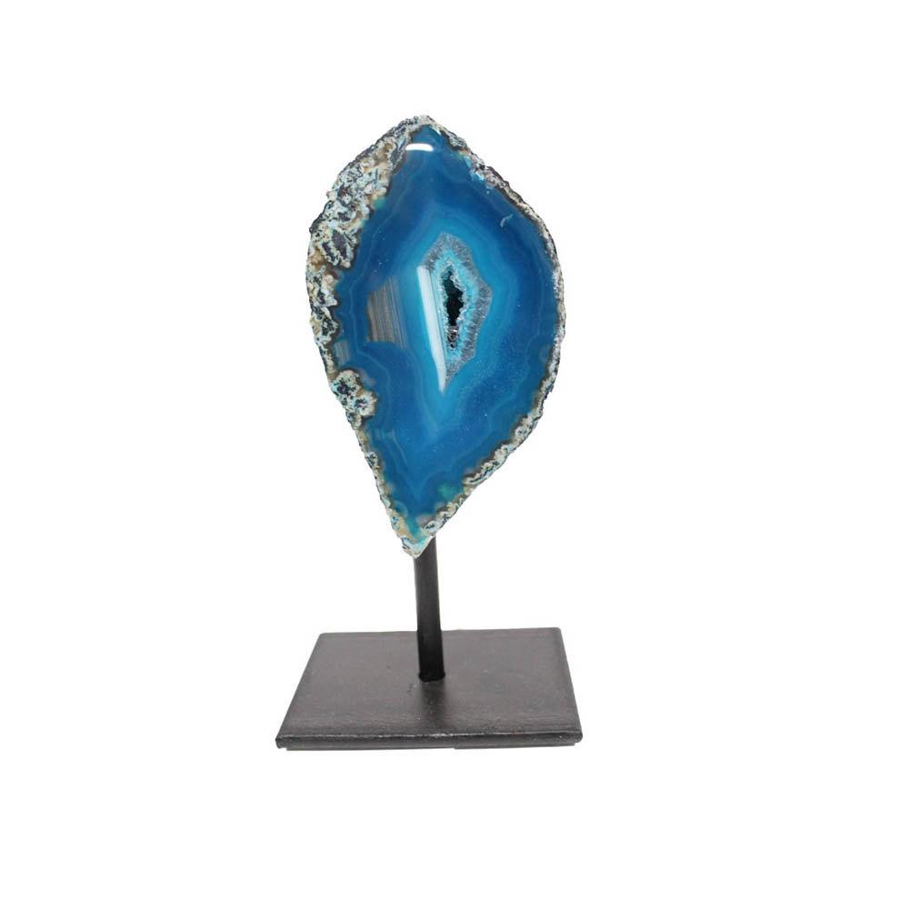 One front facing agate geode on a metal base with a white background.