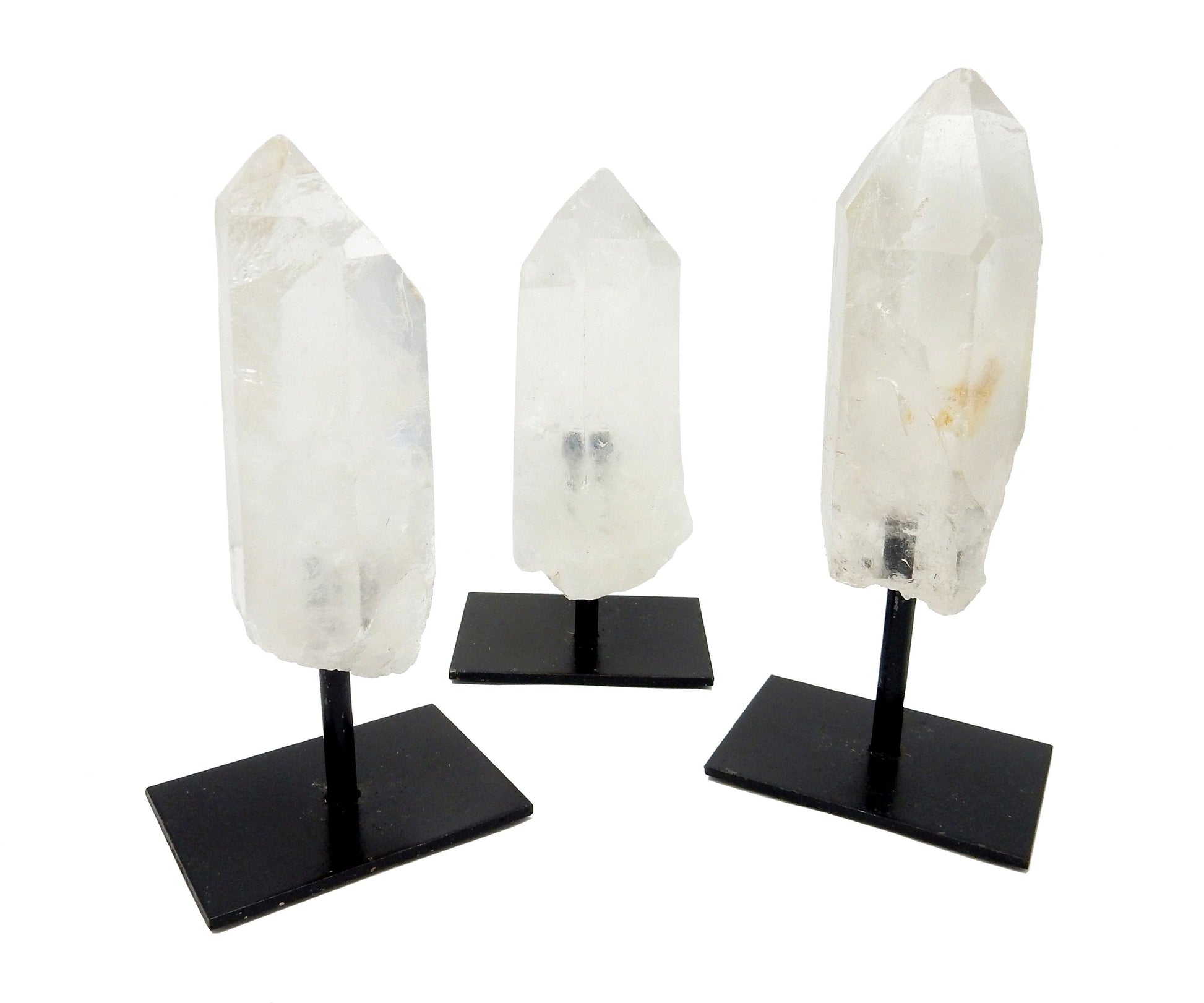 3 Crystal Quartz Point in Metal Bases on white background