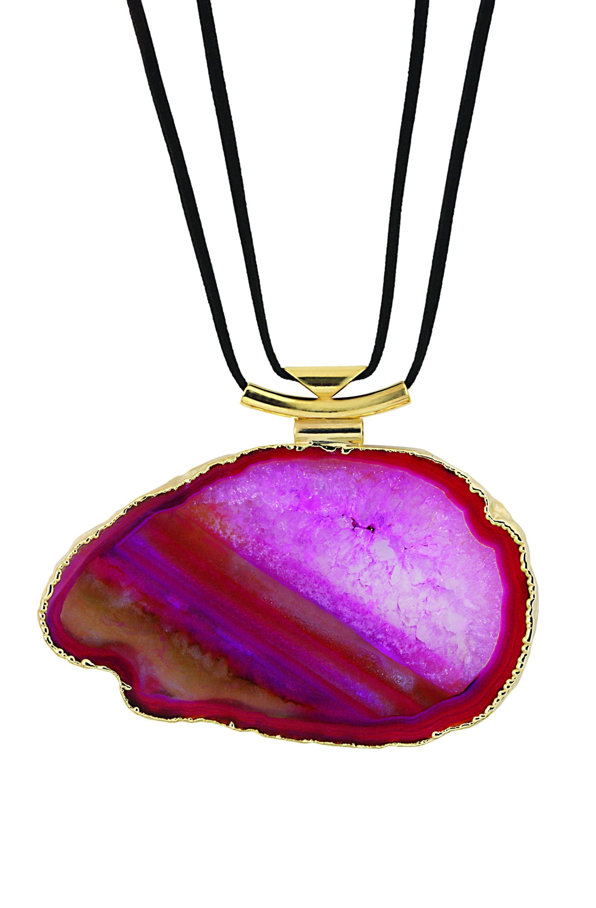 A pink agate necklace with black leather cord and gold bail with a white background.