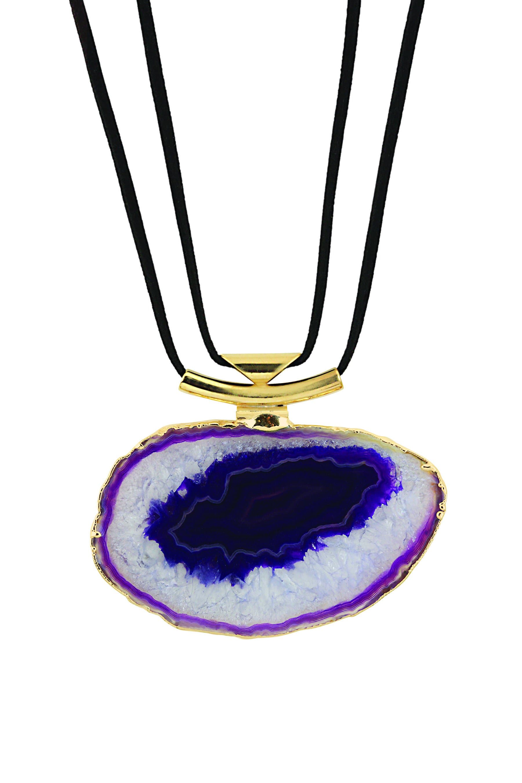 A purple agate necklace with black leather cord and gold bail with a white background.