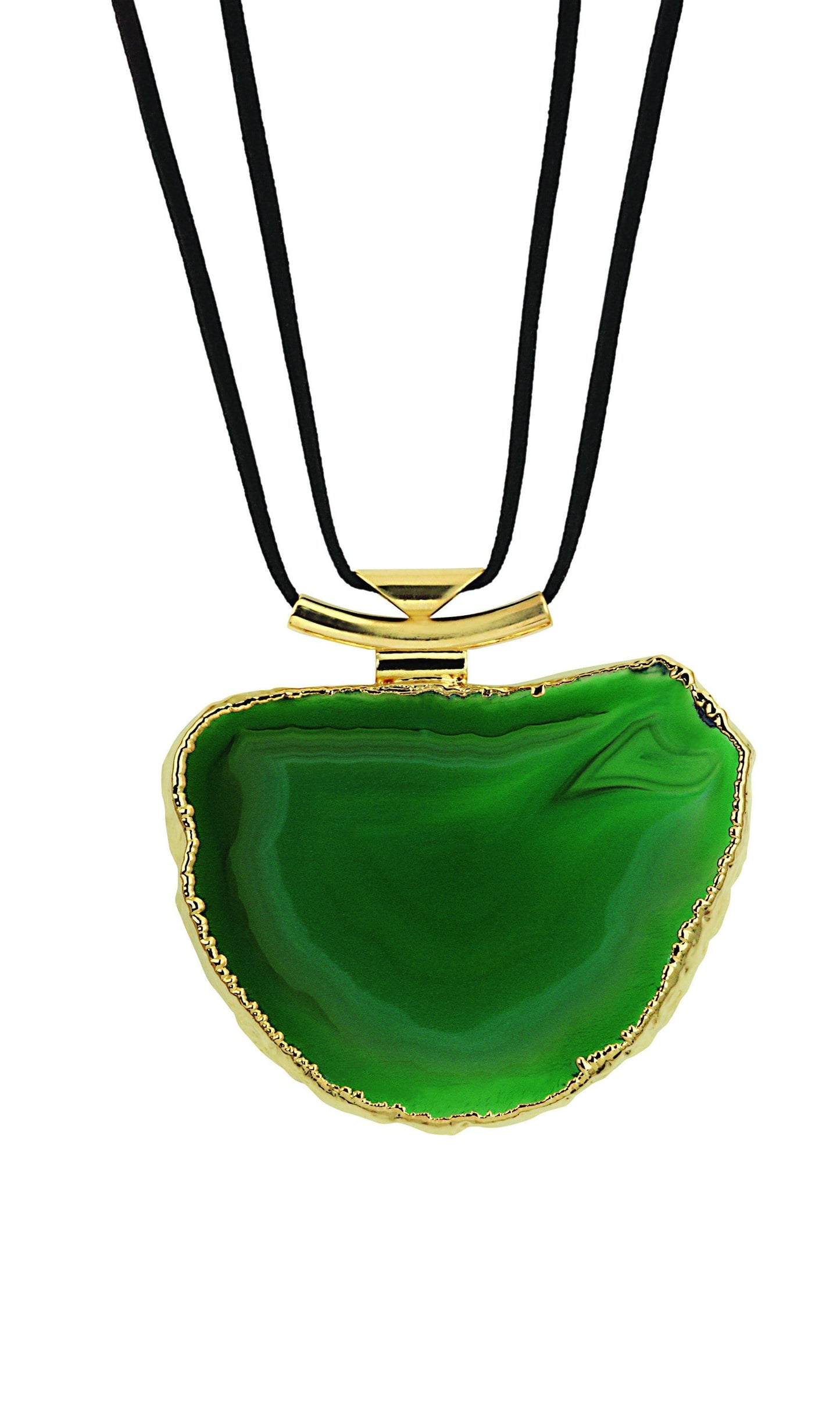A green agate necklace with black leather cord and gold bail with a white background.