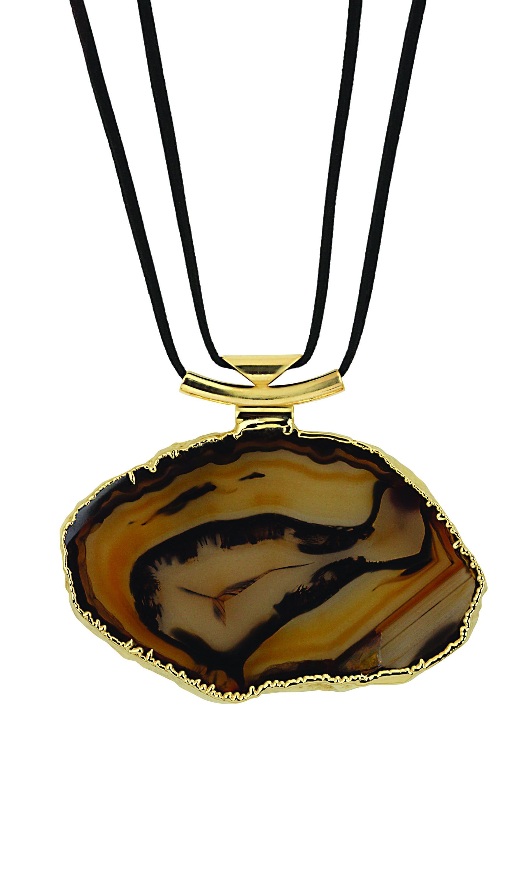 An agate necklace with black leather cord and gold bail with a white background.
