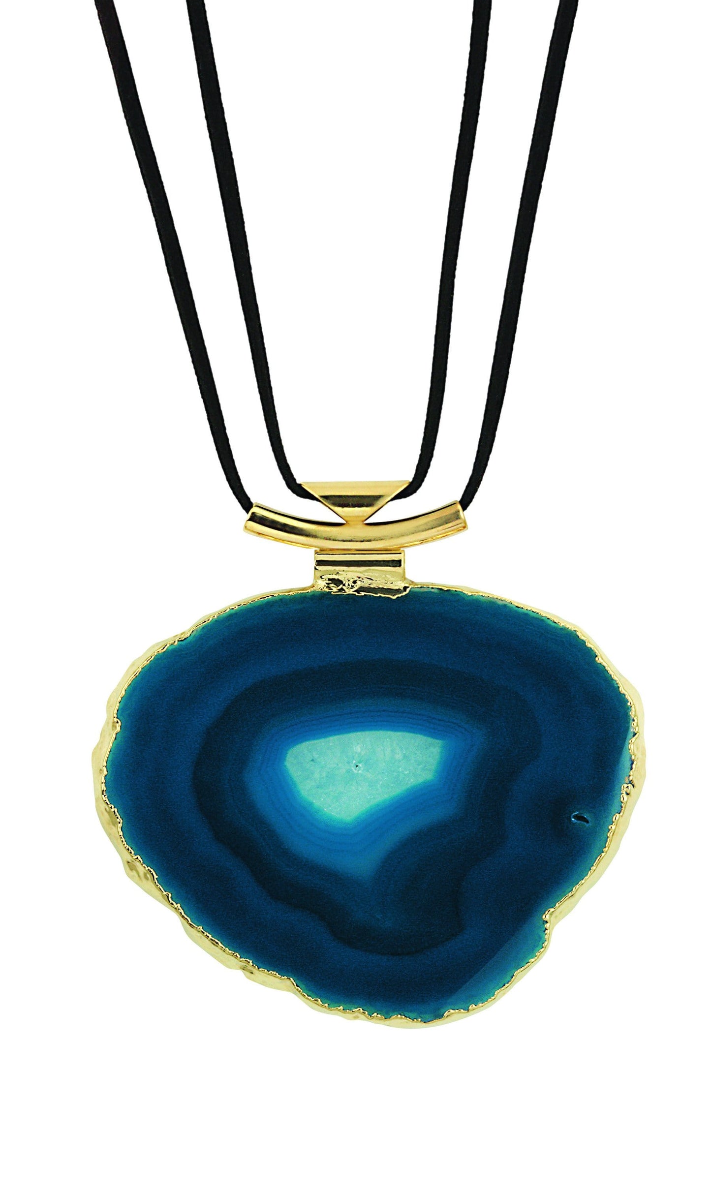 A teal agate necklace with black leather cord and gold bail with a white background.