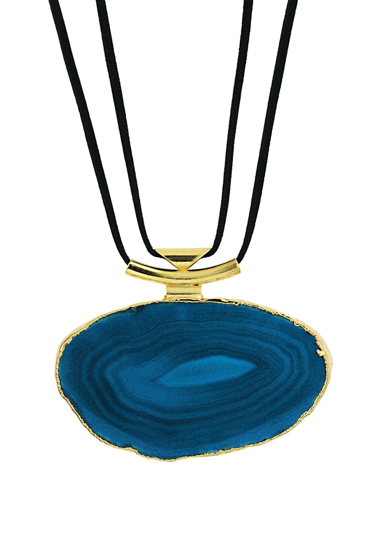 A teal agate necklace with black leather cord and gold bail on a white background.