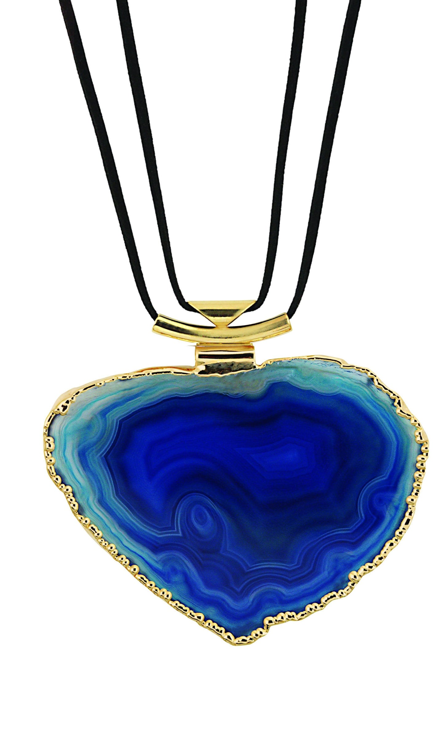 A blue agate necklace with black leather cord with a gold bail on a white background.