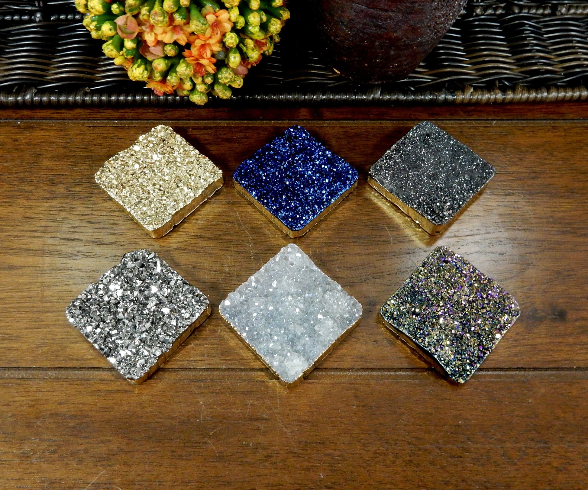 Titanium Treated Druzy Square Electroplated 24k Gold Edge Top Center Drilled Beads displayed to show they come in gold blue black diamond platinum shimmer and rainbow