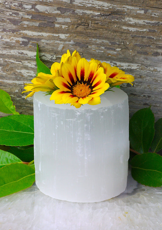selenite candle holder on display