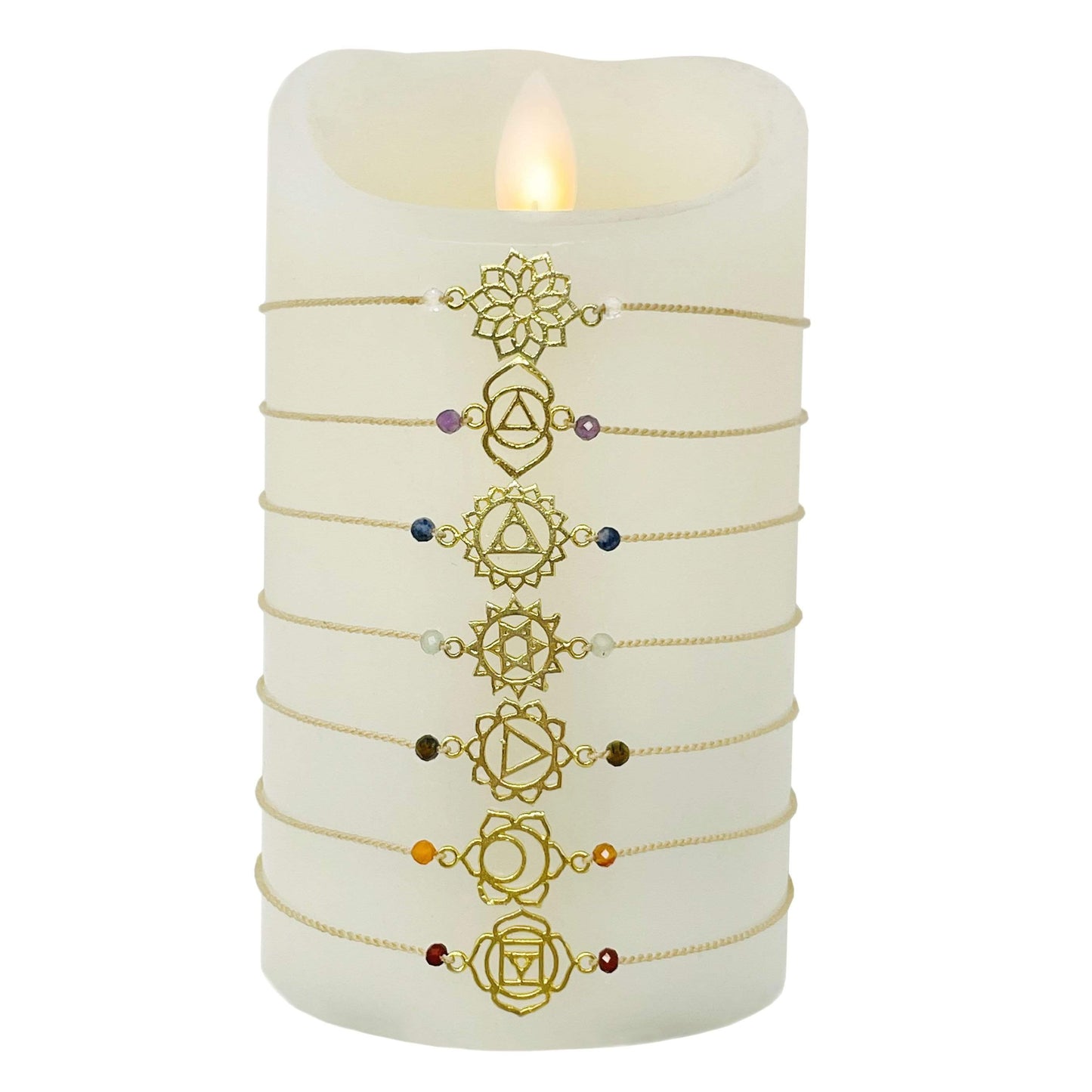 chakra bracelet set in gold displayed to show the differences between the chakras 