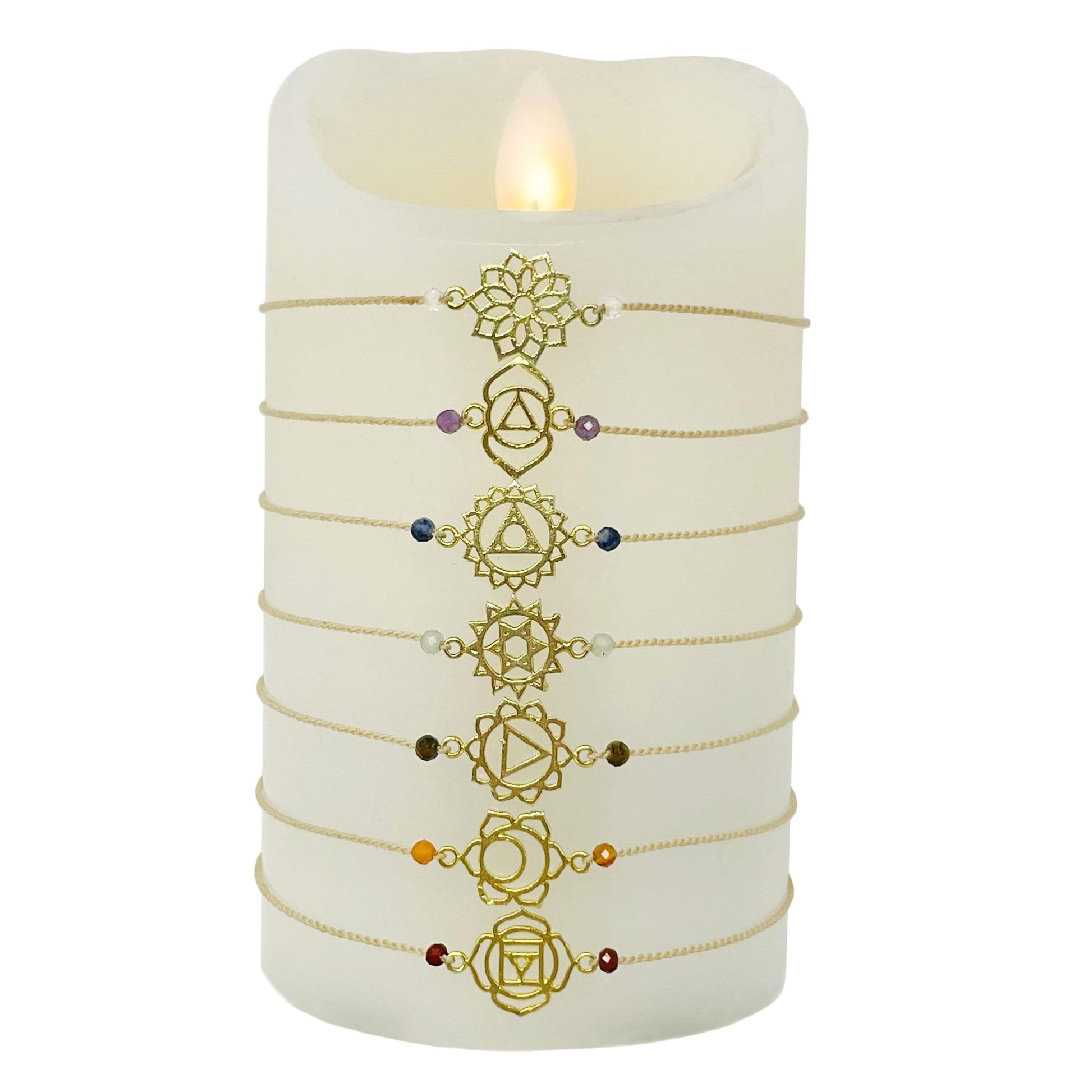 chakra bracelet set in gold displayed to show the differences between the chakras 