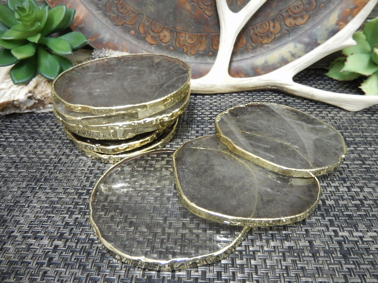 Stone Slices - Coaster Size smoky quartz with gold edge