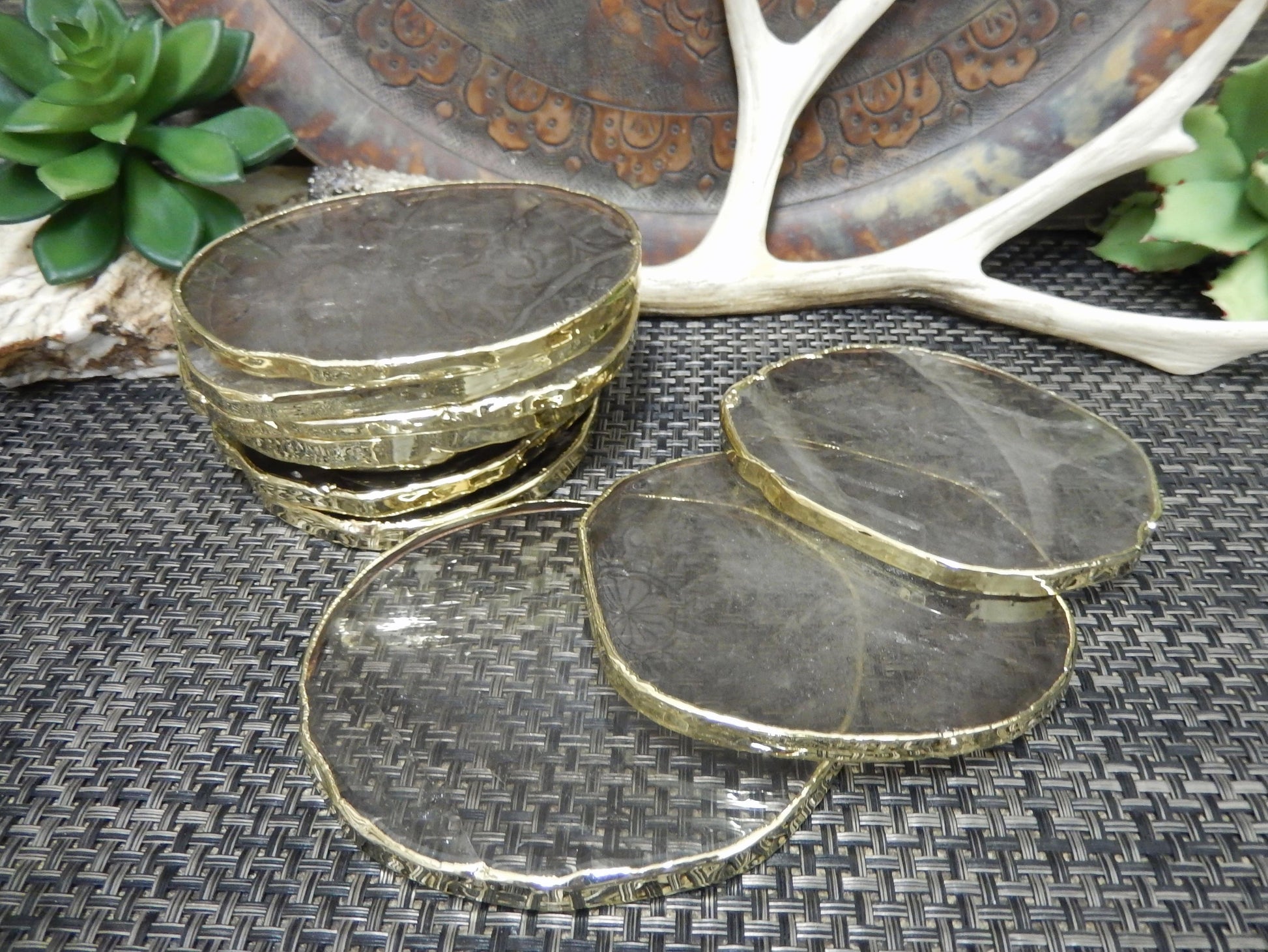 Stone Slices - Coaster Size smoky quartz with gold edge