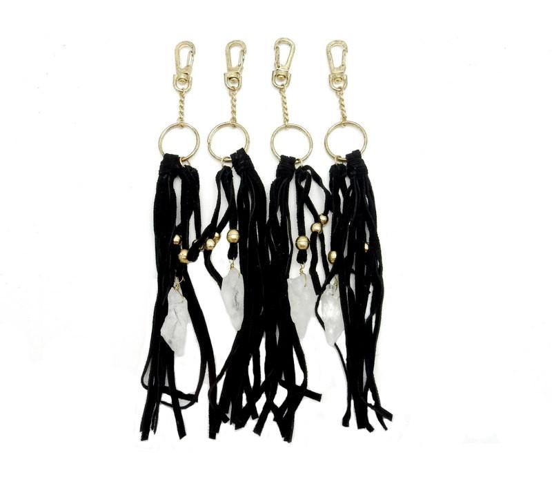 4 crystal keychains with black leather on white background