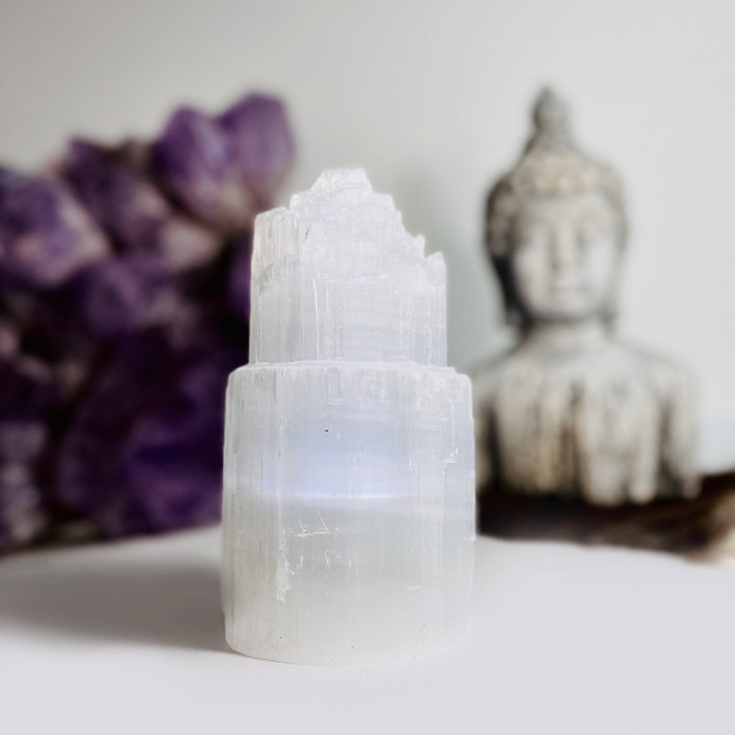 close up of selenite lamp on display for details