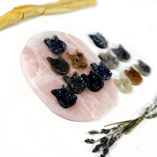 Natural Druzy Cat Cabochon - lined up on a platter