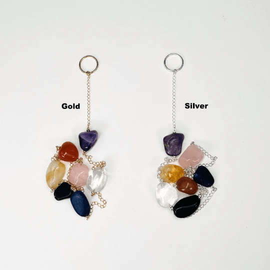 2 tumbled stone chakra wall hanging, one with silver chain and one with gold chain
