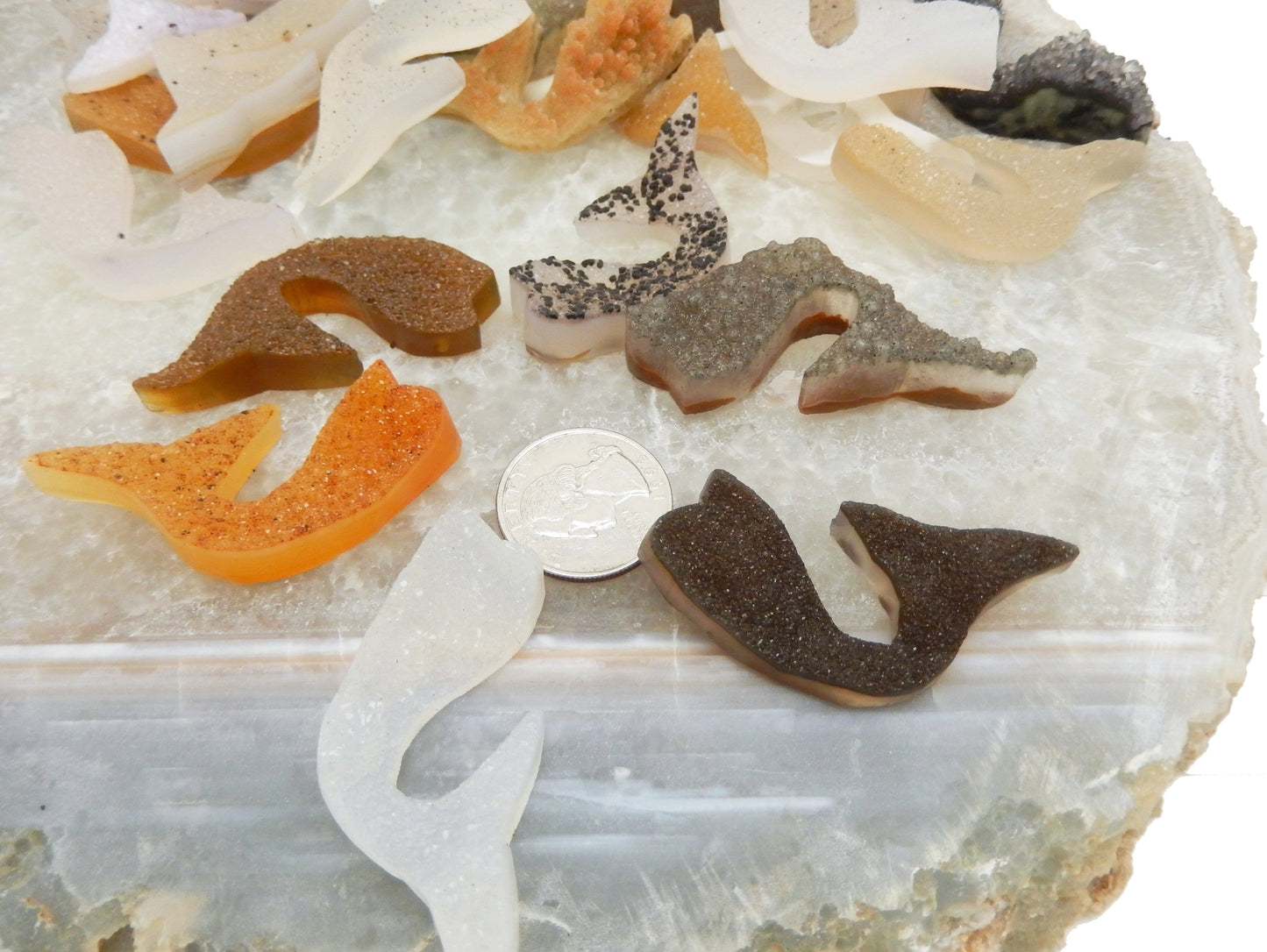 Druzy cluster mermaid tail cabochons around quarter for size reference