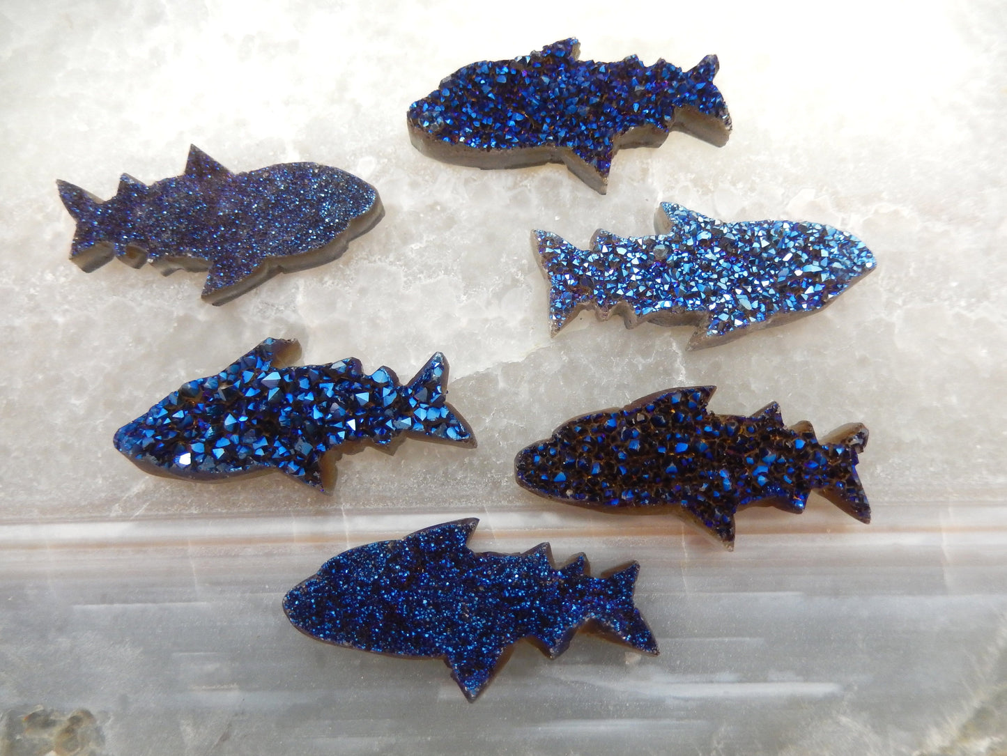 Druzy Shark - Mystic Blue Shark Fish Cluster Cabachon -top view of six druzy sharks 