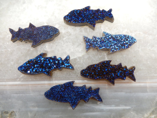 Druzy Shark - Mystic Blue Shark Fish Cluster Cabachon -top view of six druzy sharks 