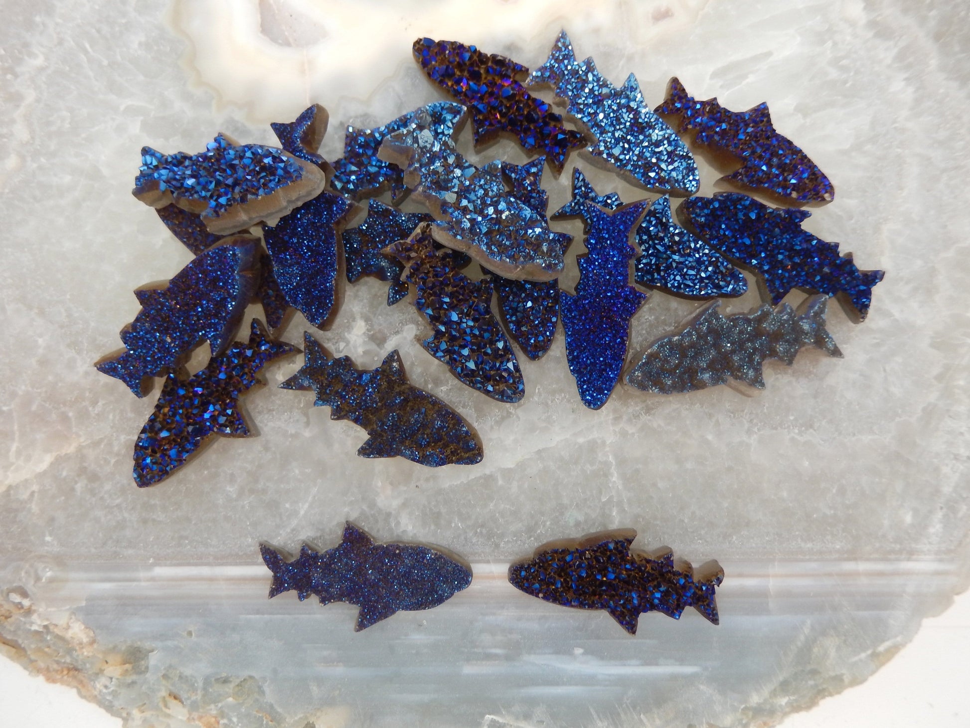 Druzy Shark - Mystic Blue Shark Fish Cluster Cabachon - top view of multiple druzy sharks 