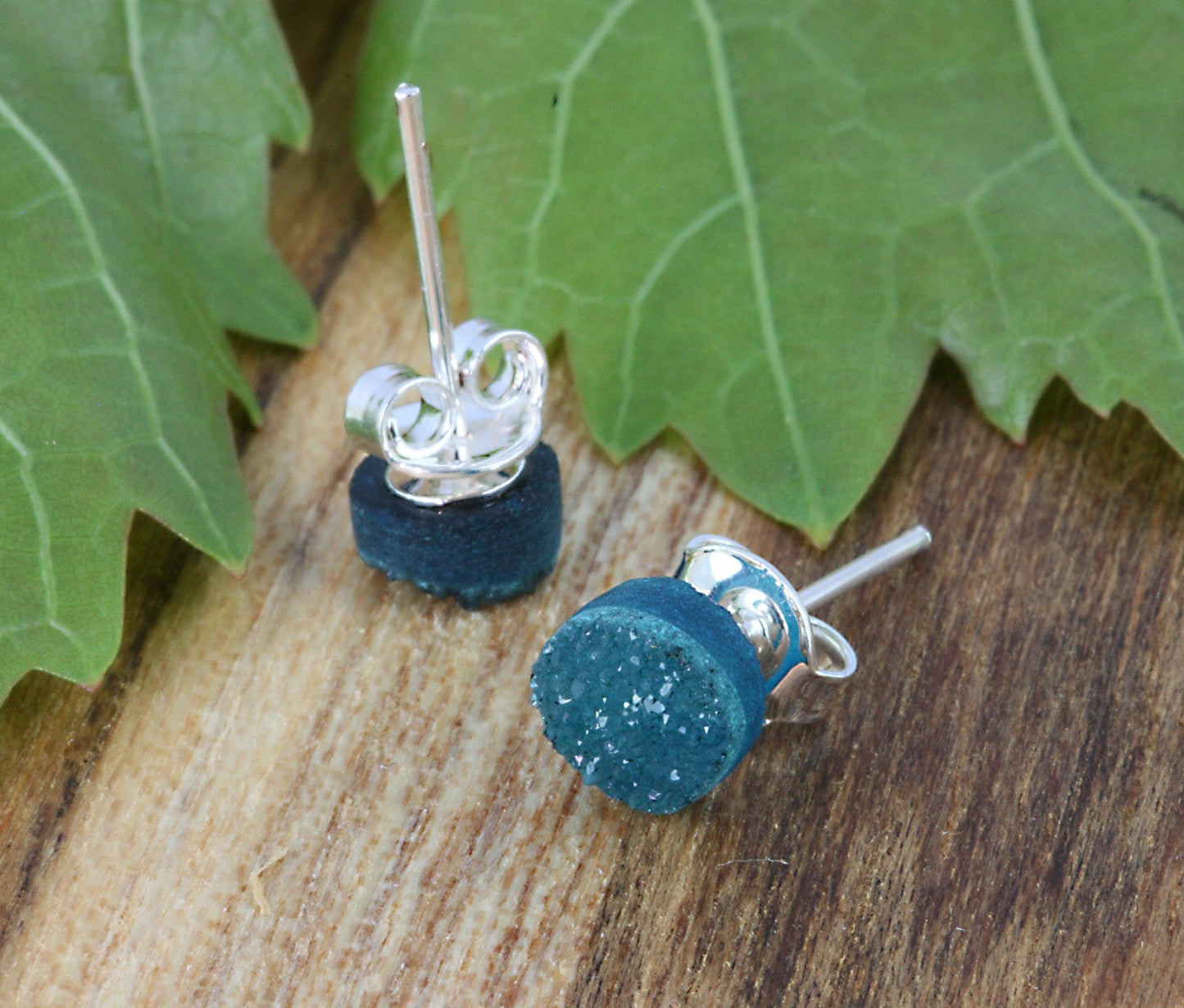 Teal Round Druzy Stud Earrings in silver