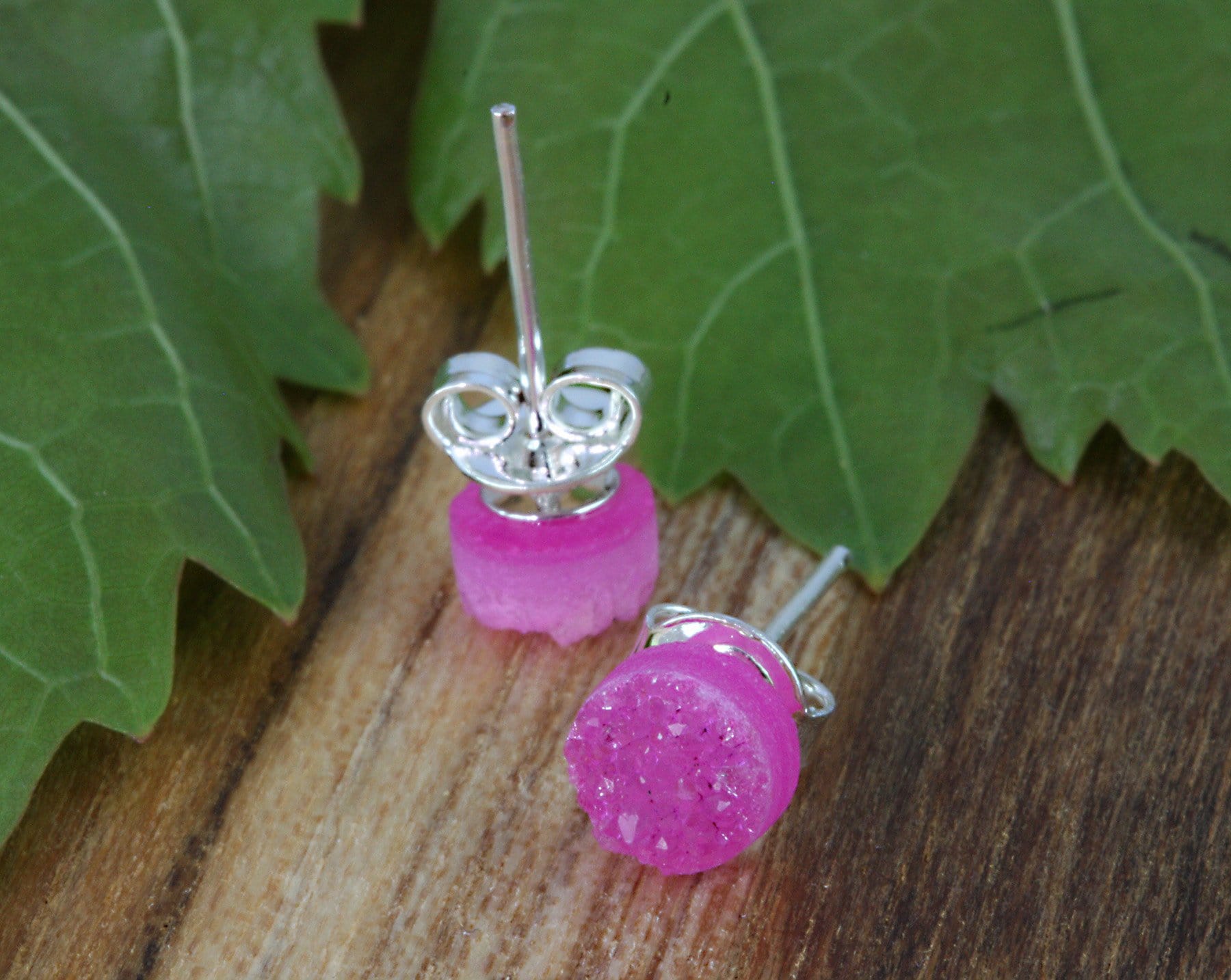 Pink Round Druzy Stud Earrings in silver