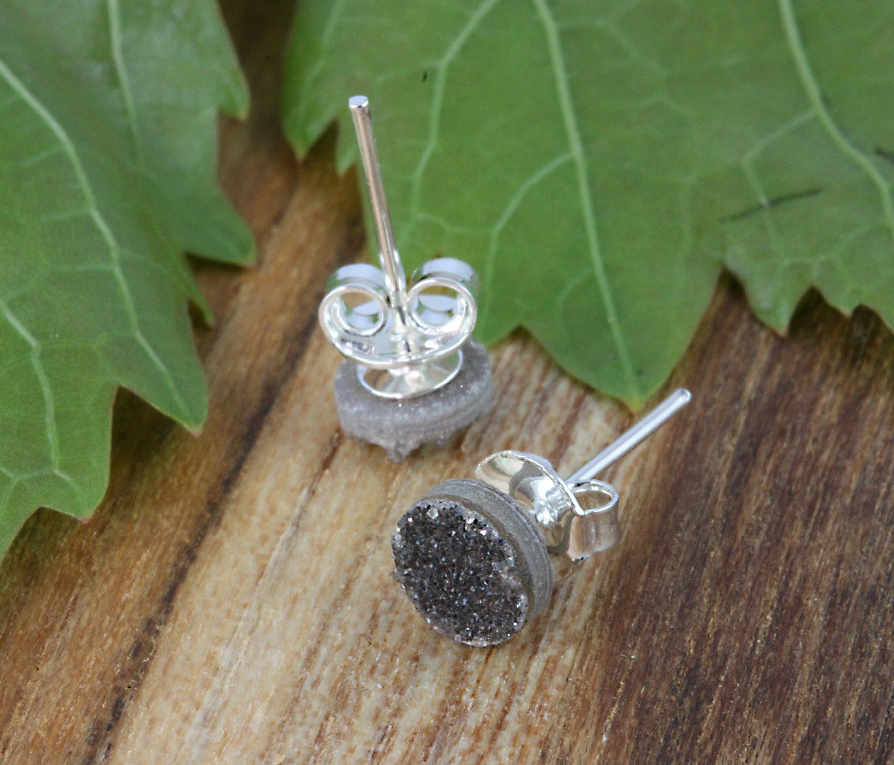 Black Round Druzy Stud Earrings in silver