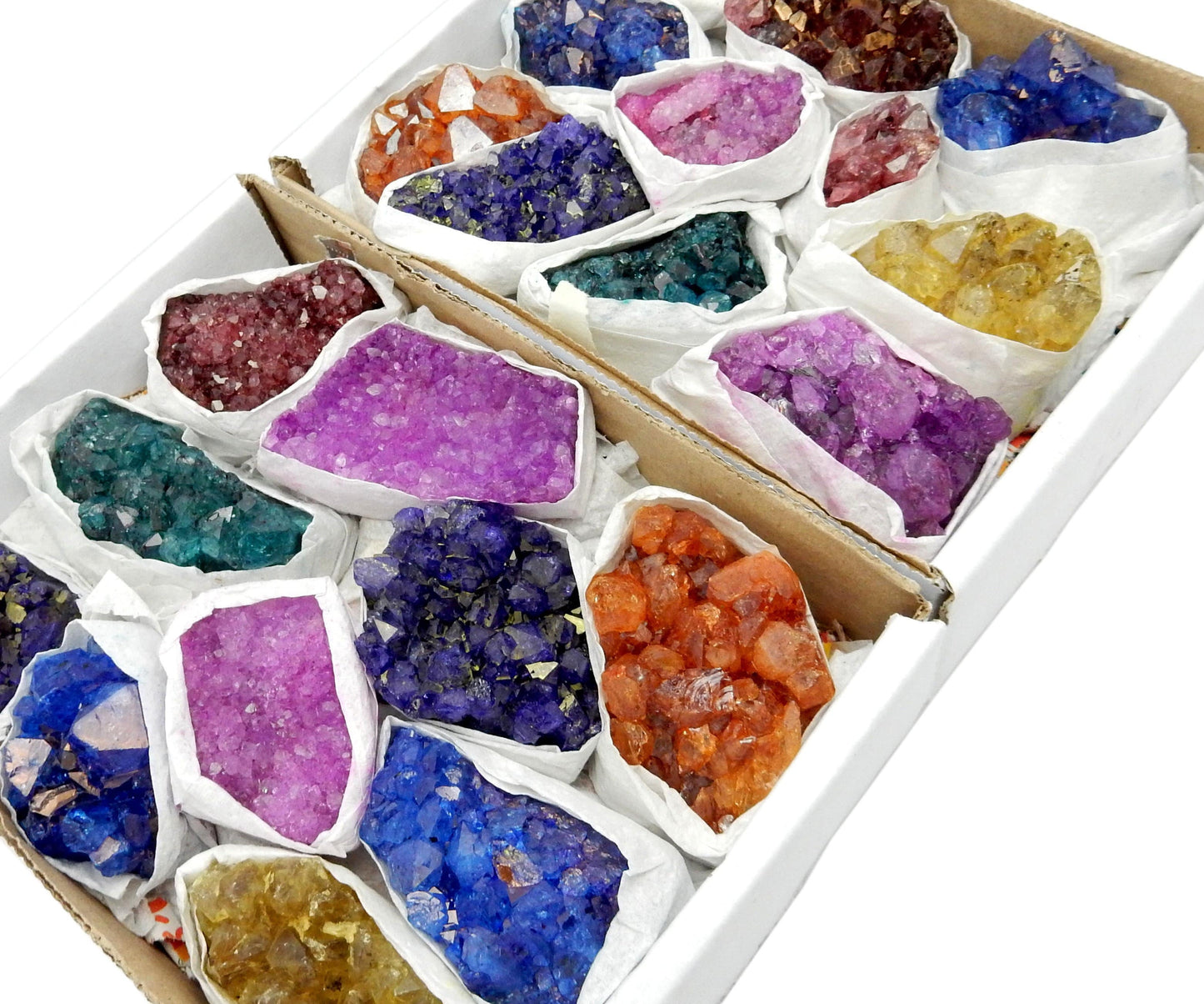 2 dyed amethyst boxes side by side with assorted colors.