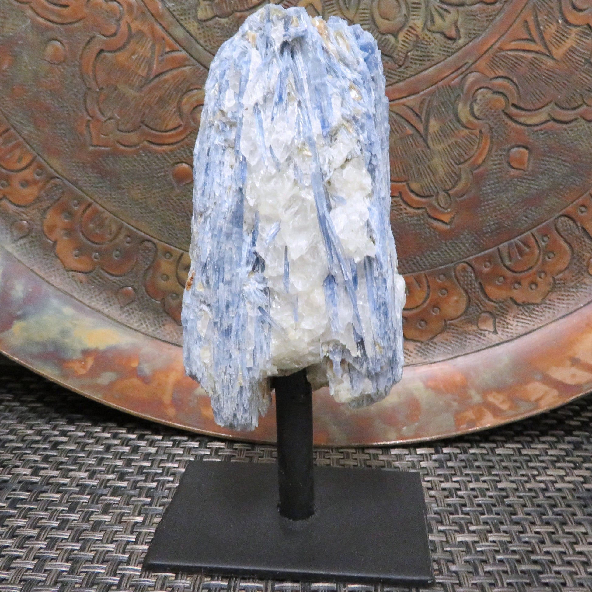 Blue Kyanite on Metal Stand up close