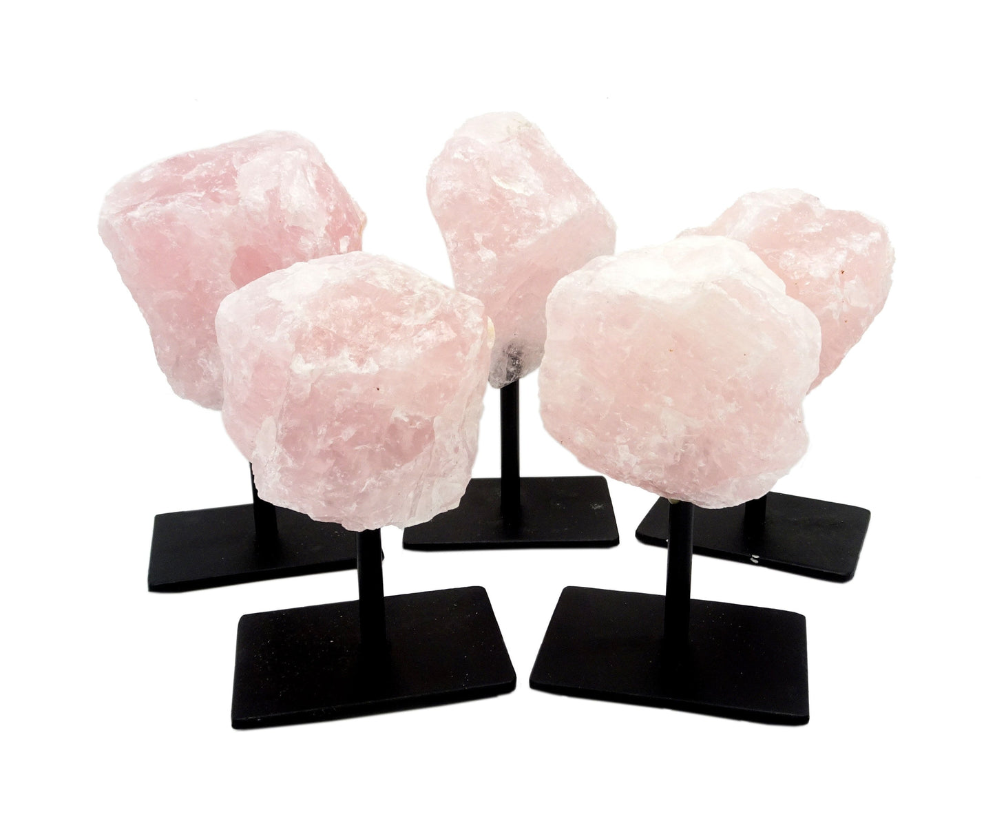 5 Rose Quartz on Metal Stands on white background