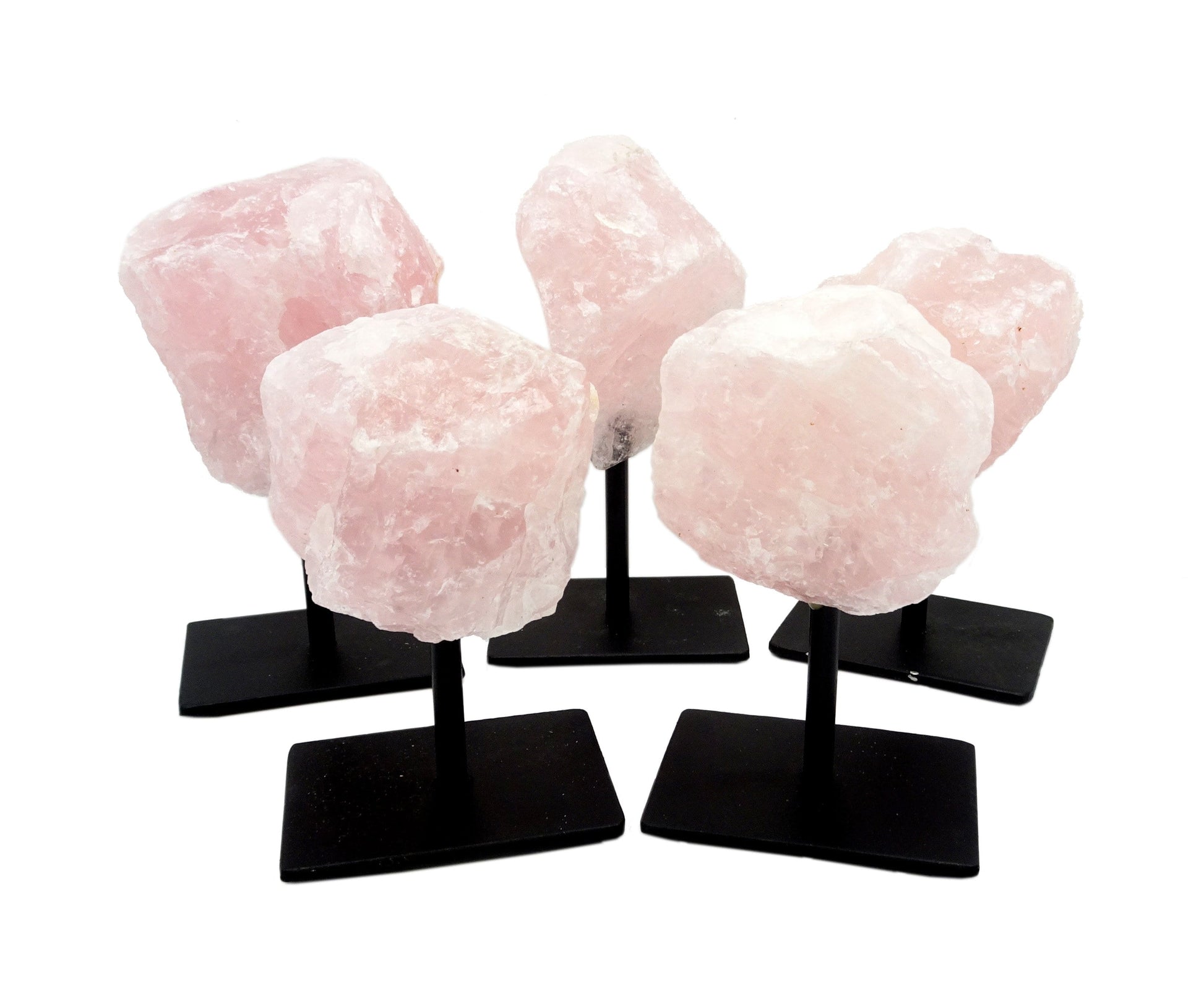 5 Rose Quartz on Metal Stands on white background