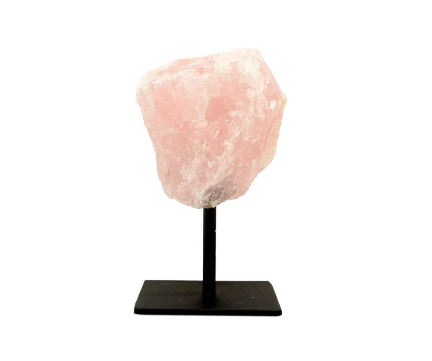 Rose Quartz on Metal Stand on white background