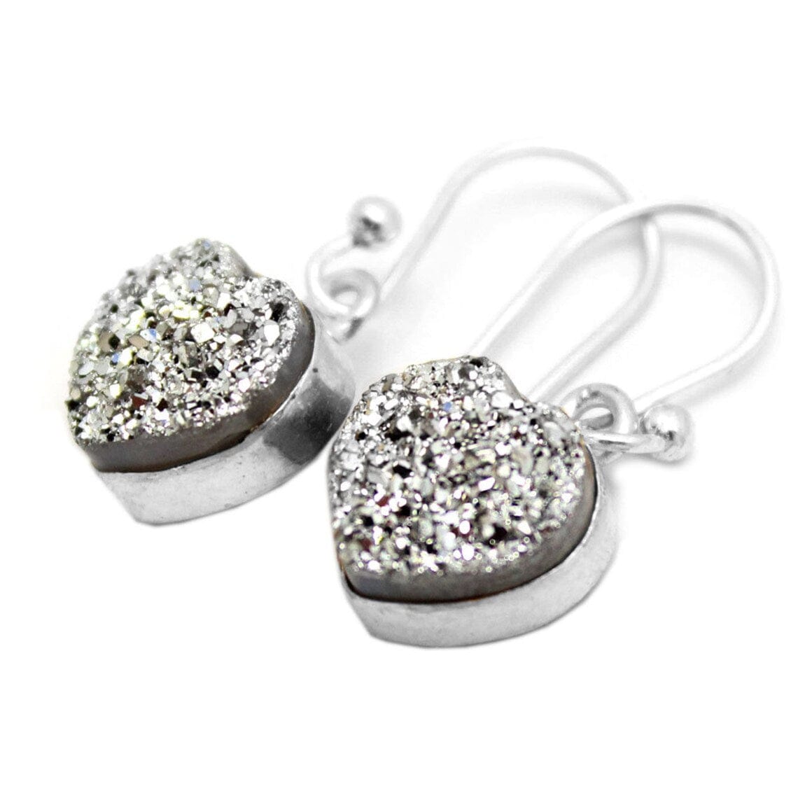 Silver Shimmer Druzy Heart Earrings in Silver and Gold Plated Sterling Bezels and Ear Wires with silver druzy