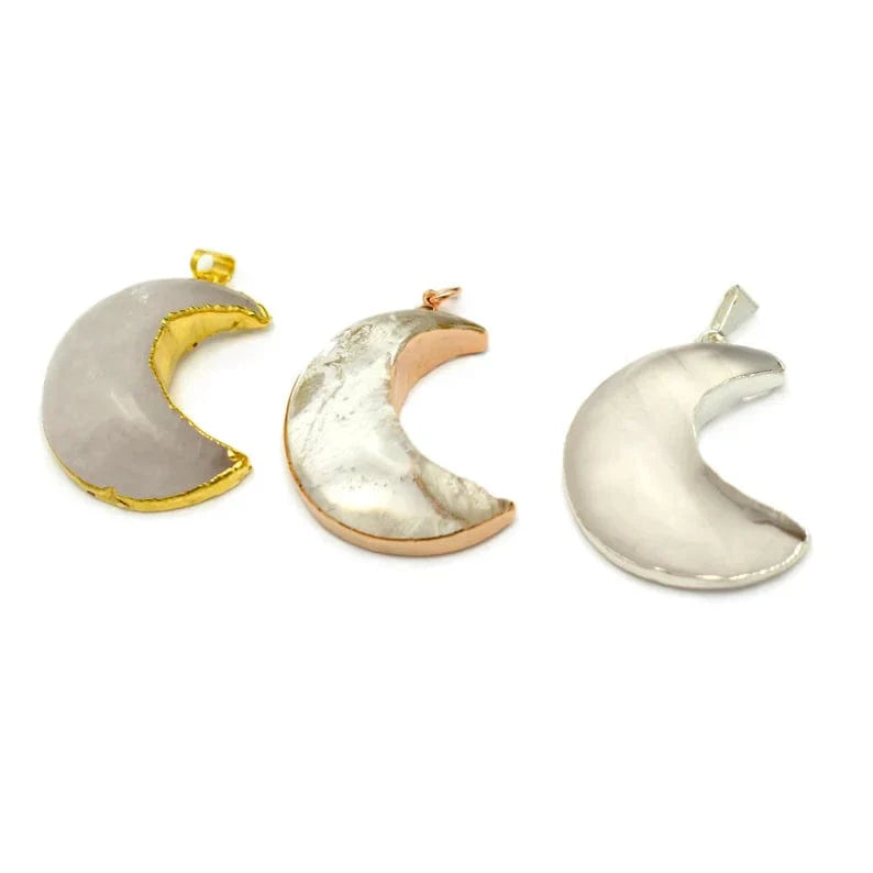 3 crystal quartz moons with the 3 finishes of rose gold, gold and silver electroplating