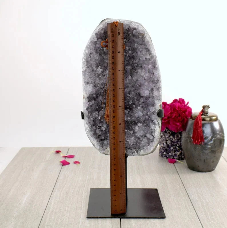 Amethyst Crystal Purple Geode on Metal Stand  with a ruler for size reference